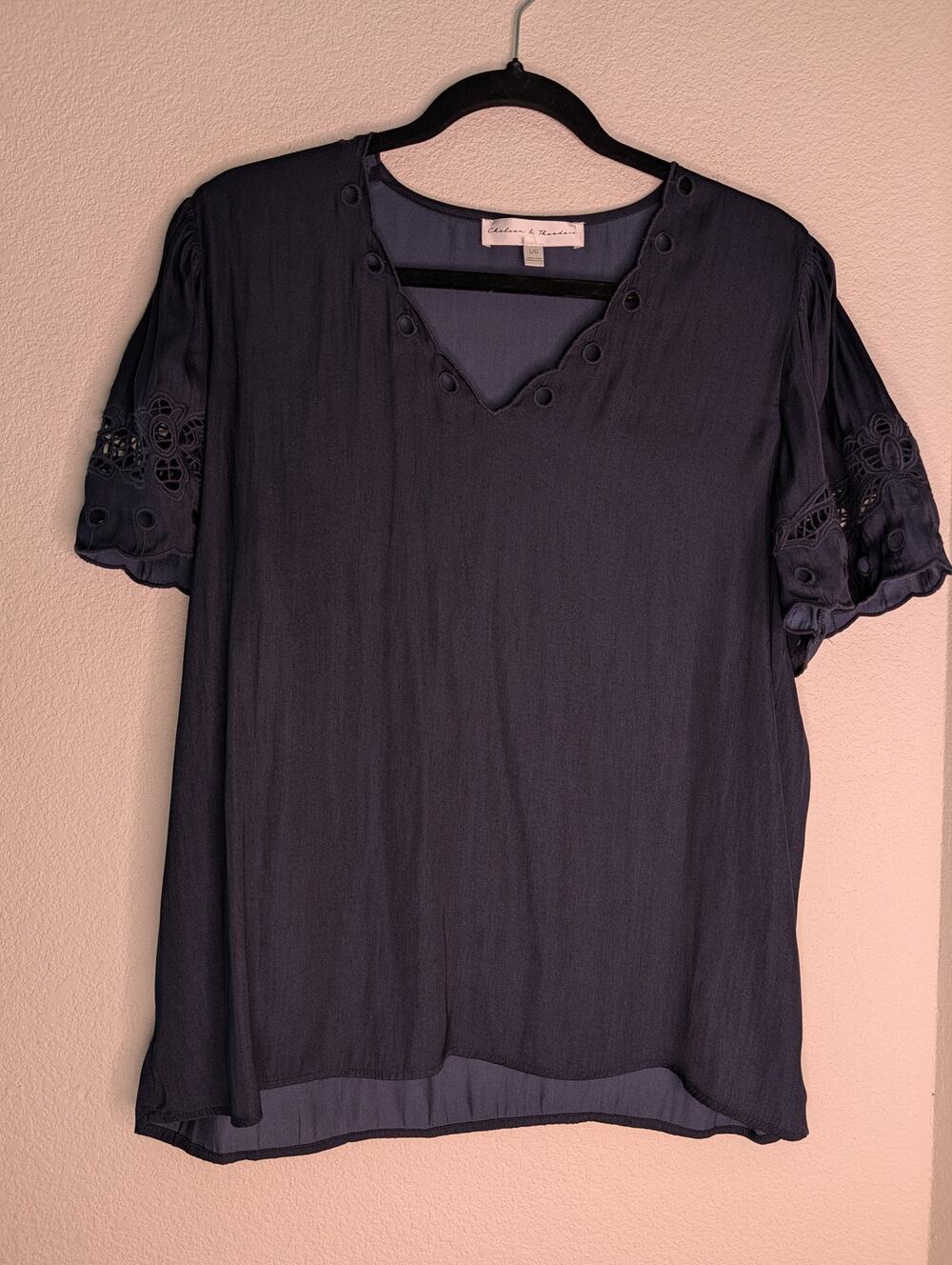 Chelsea & Theodore Blue V-Neck Blouse Eyelet Lace Trim L Coquette Summer Chic